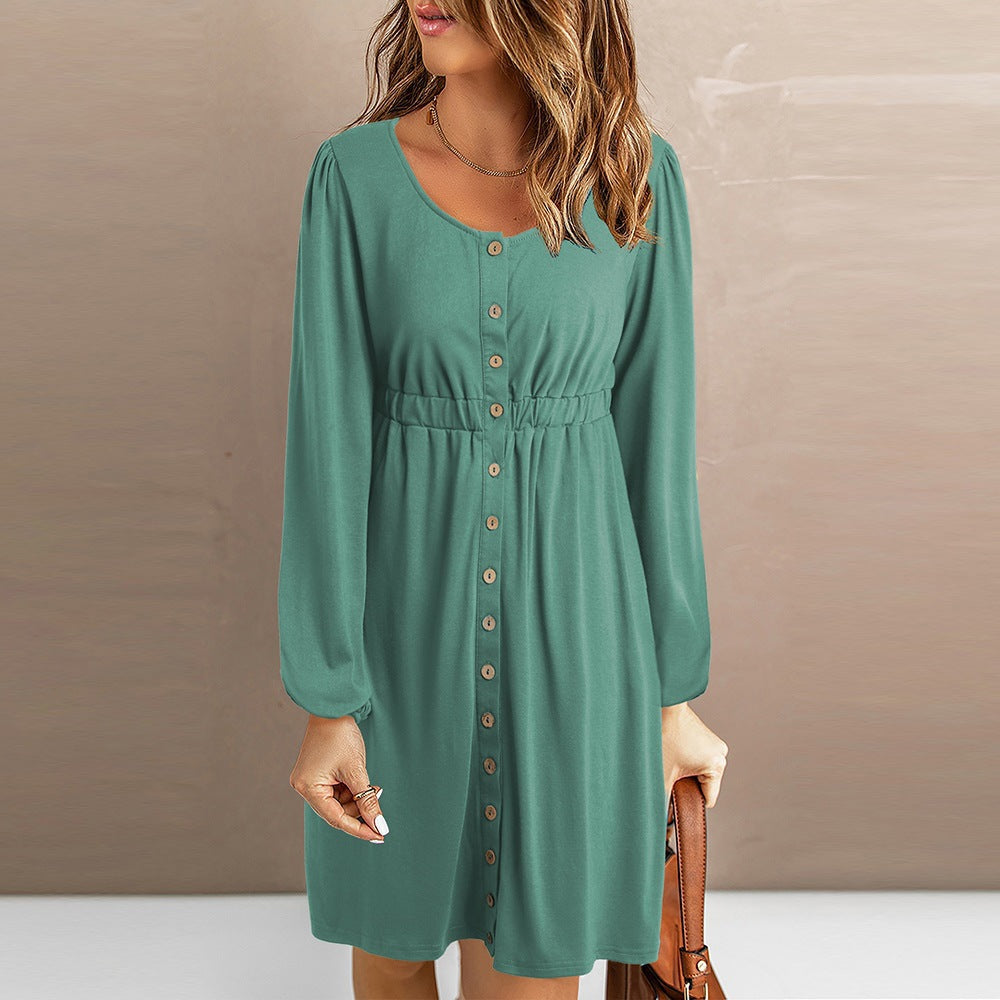 Women's knee-length dress with button details and elasticated waist, size [size]