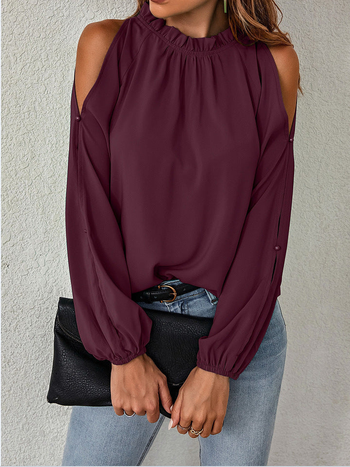 Schickes Damen-Oberteil mit Carmen-Ausschnitt und eleganten Rüschendetails, Größe [Größe]
