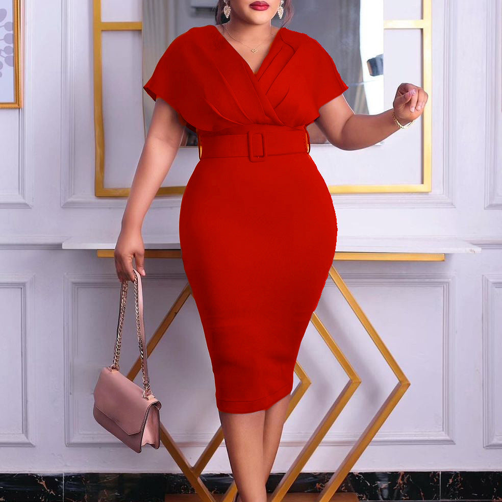 Valenzora | Women's V-neck fitted midi dress with belt