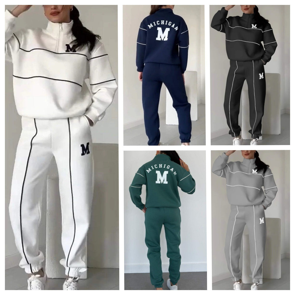 Women's sporty fleece suit set with stand-up collar and practical pockets, size S