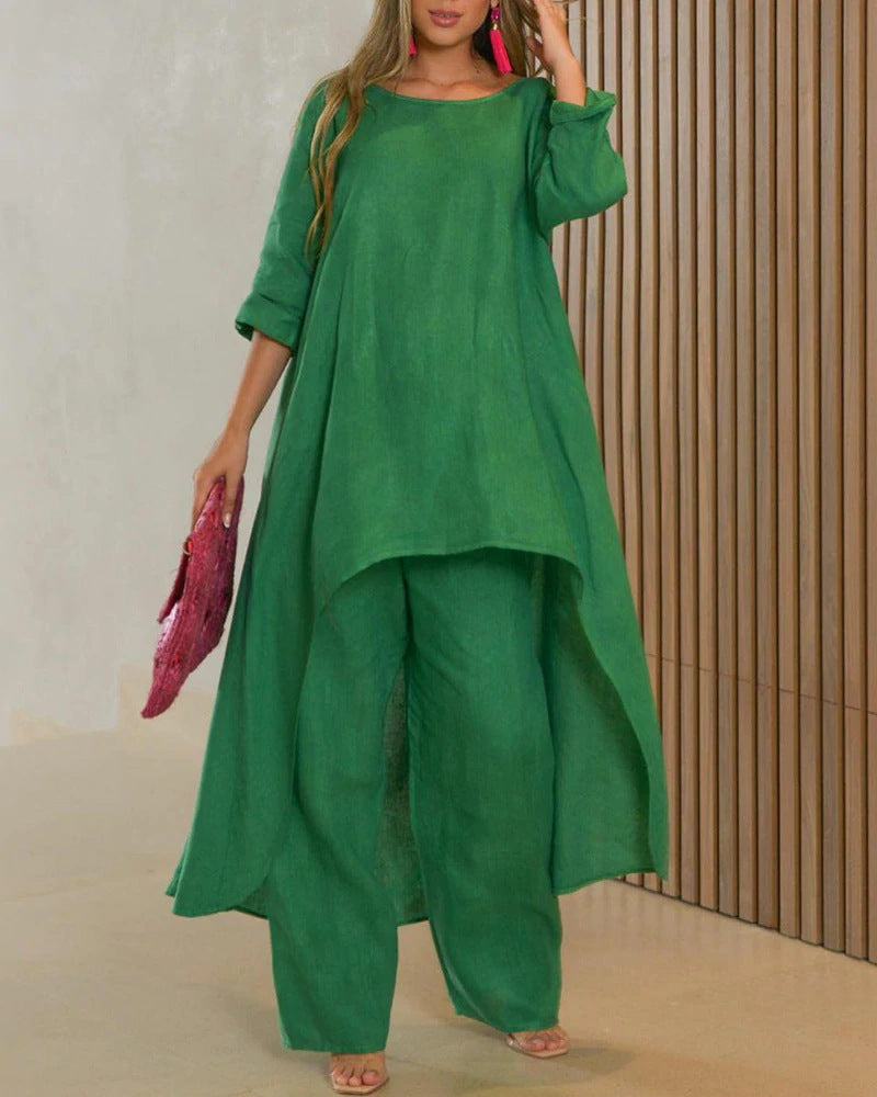Valenzora | Cotton Linen Loose Irregular Long Sleeve Two-Piece Set