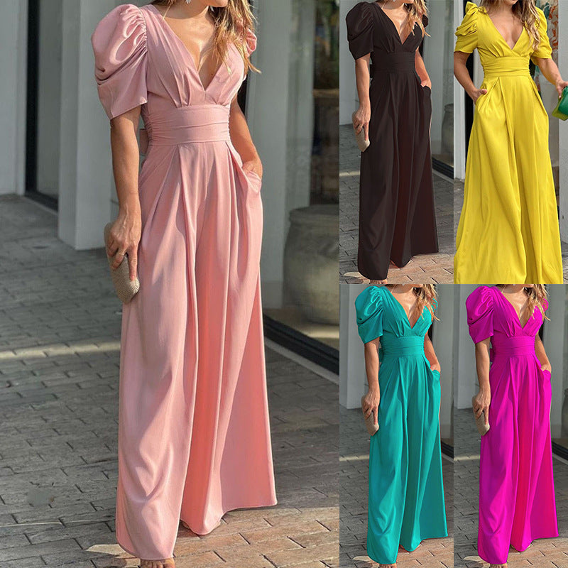 Damen-Jumpsuit mit Puffärmeln, tiefem V-Ausschnitt und weitem Bein, Größe [size missing]
