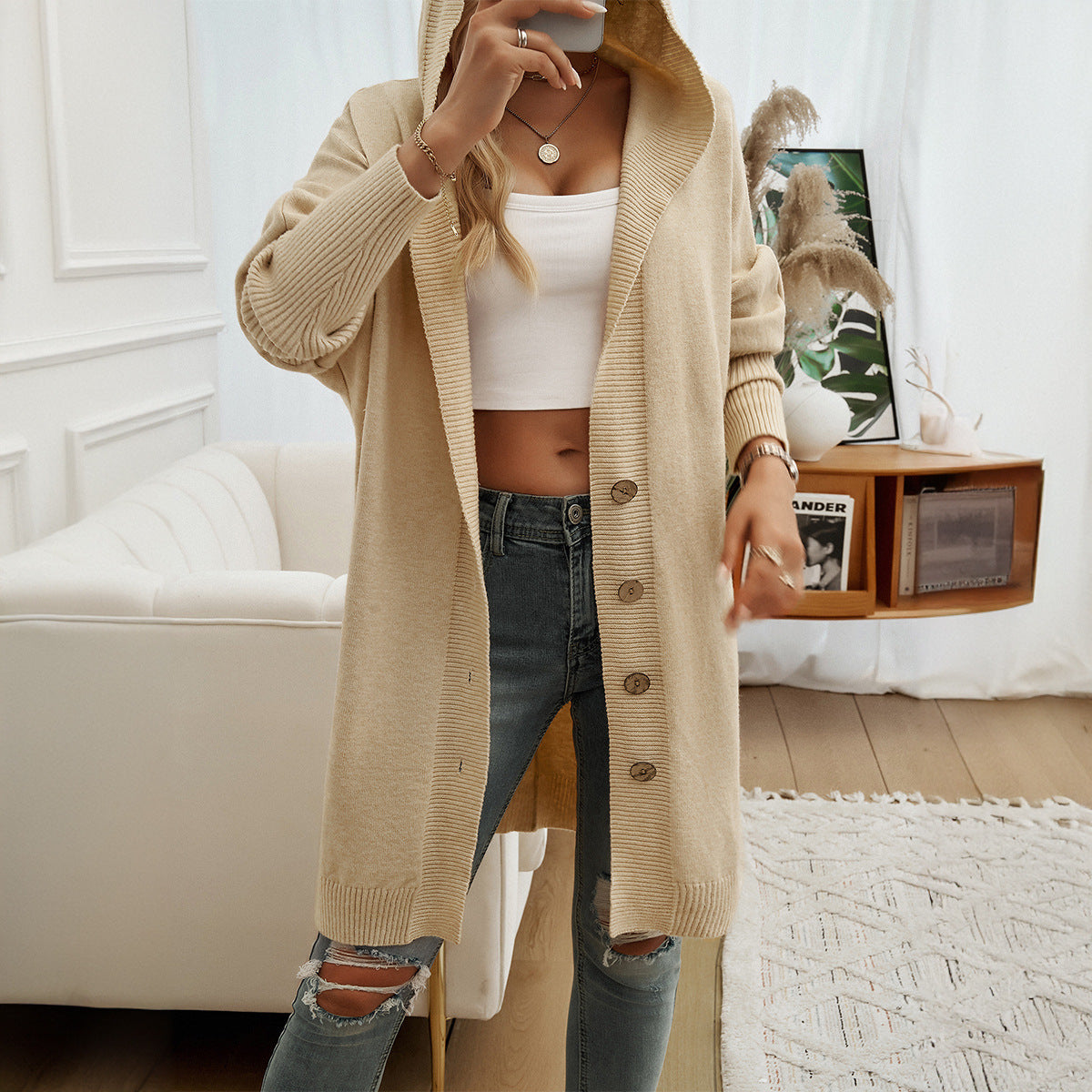 Women's hoodie cardigan with button detail and relaxed fit, size