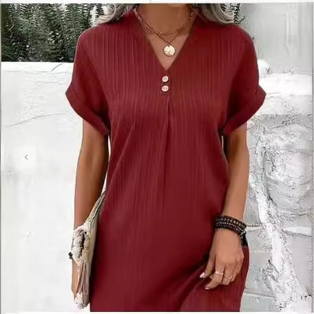 Women's short-sleeved dress with button placket and fine vertical stripe pattern, size