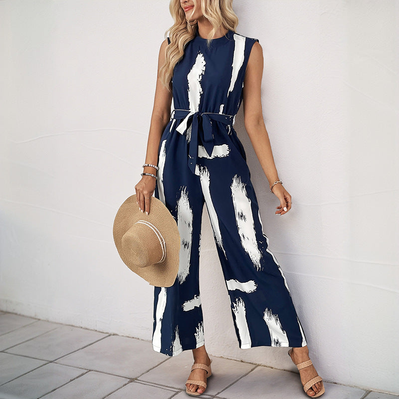 Women's jumpsuit with a modern striped pattern and practical tie belt, size