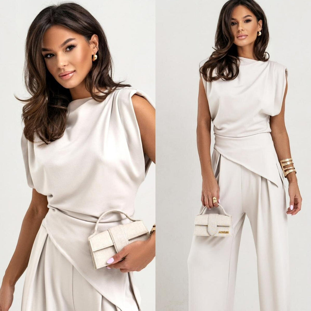 Women's elegant jumpsuit with draped details and wide leg, size S