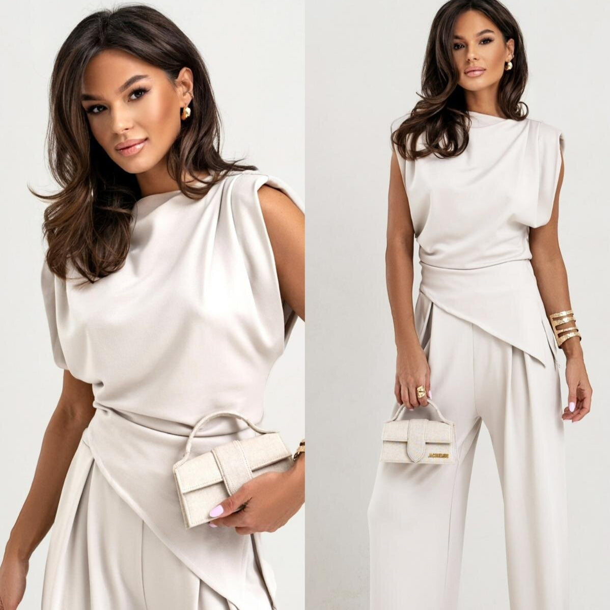 Women's elegant jumpsuit with draped details and wide leg, size S