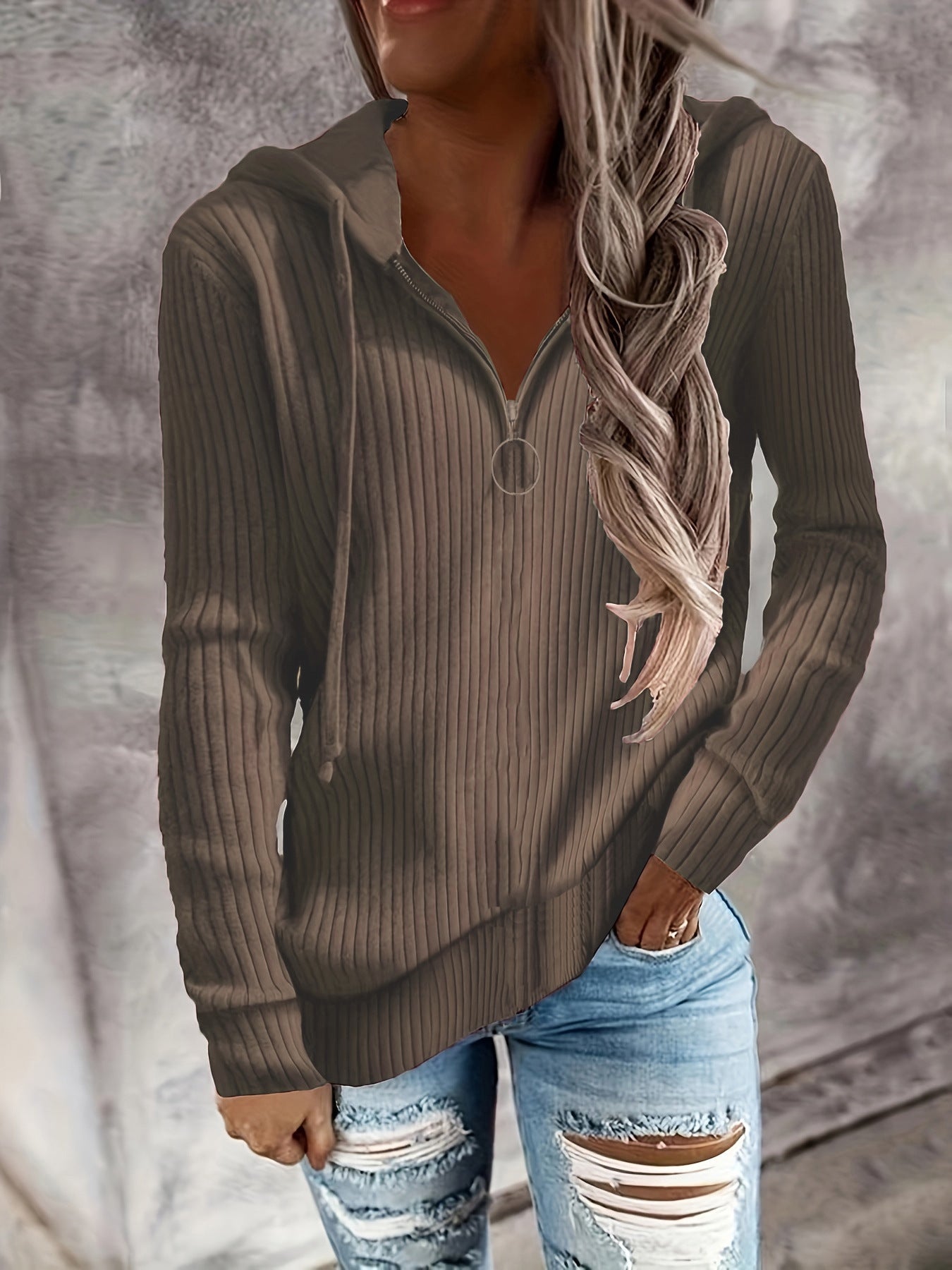 Damen-Kapuzenjacke mit Reißverschluss und lässigem Rippstrick-Design, Größe S