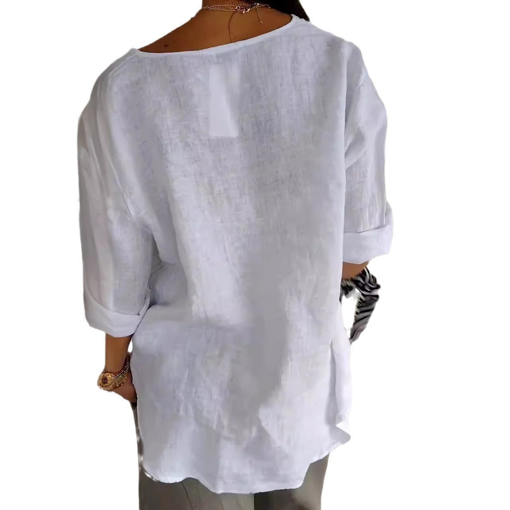 Women's airy linen blouse with front button and wide sleeves, size