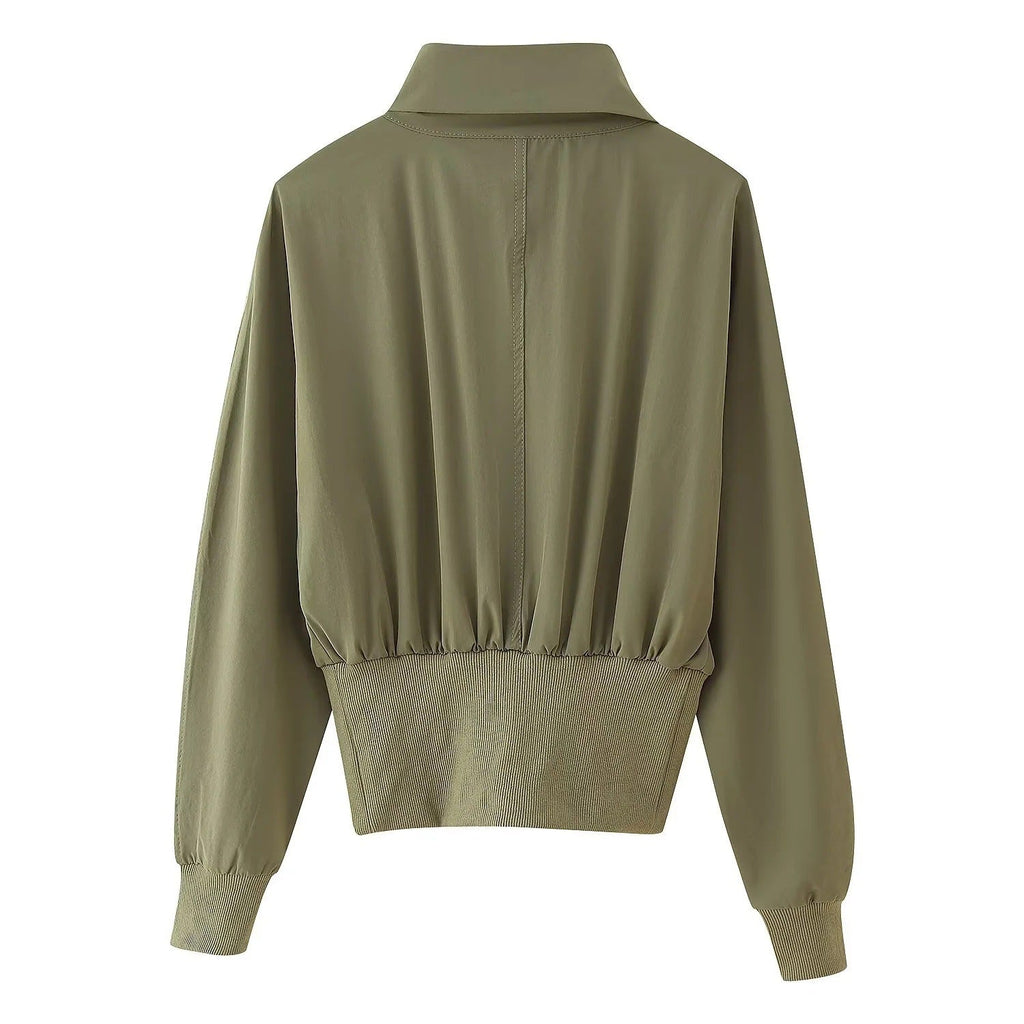 Women's transitional jacket with modern asymmetrical zipper and high collar, size