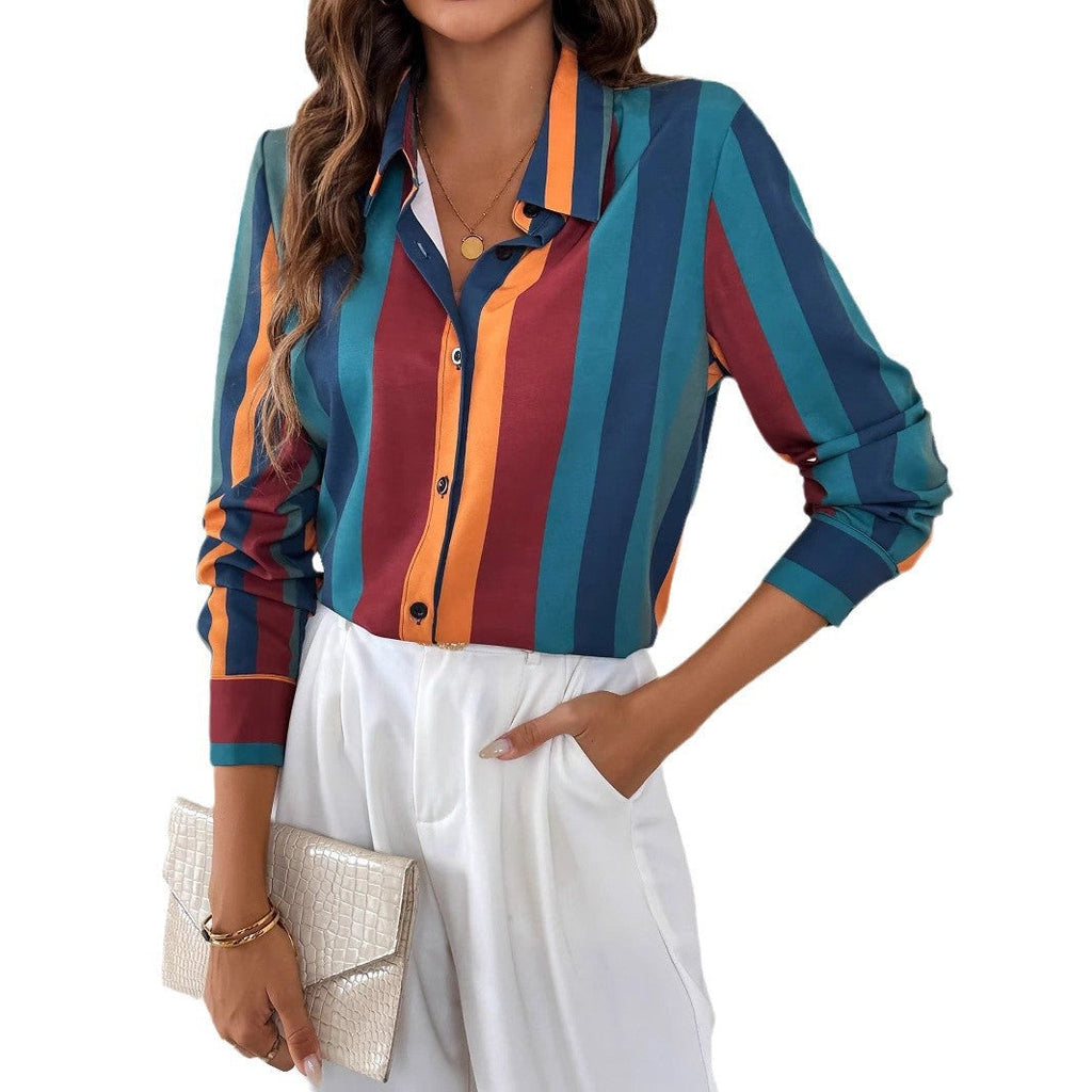 Women's blouse with colorful striped pattern and elegant button placket, size