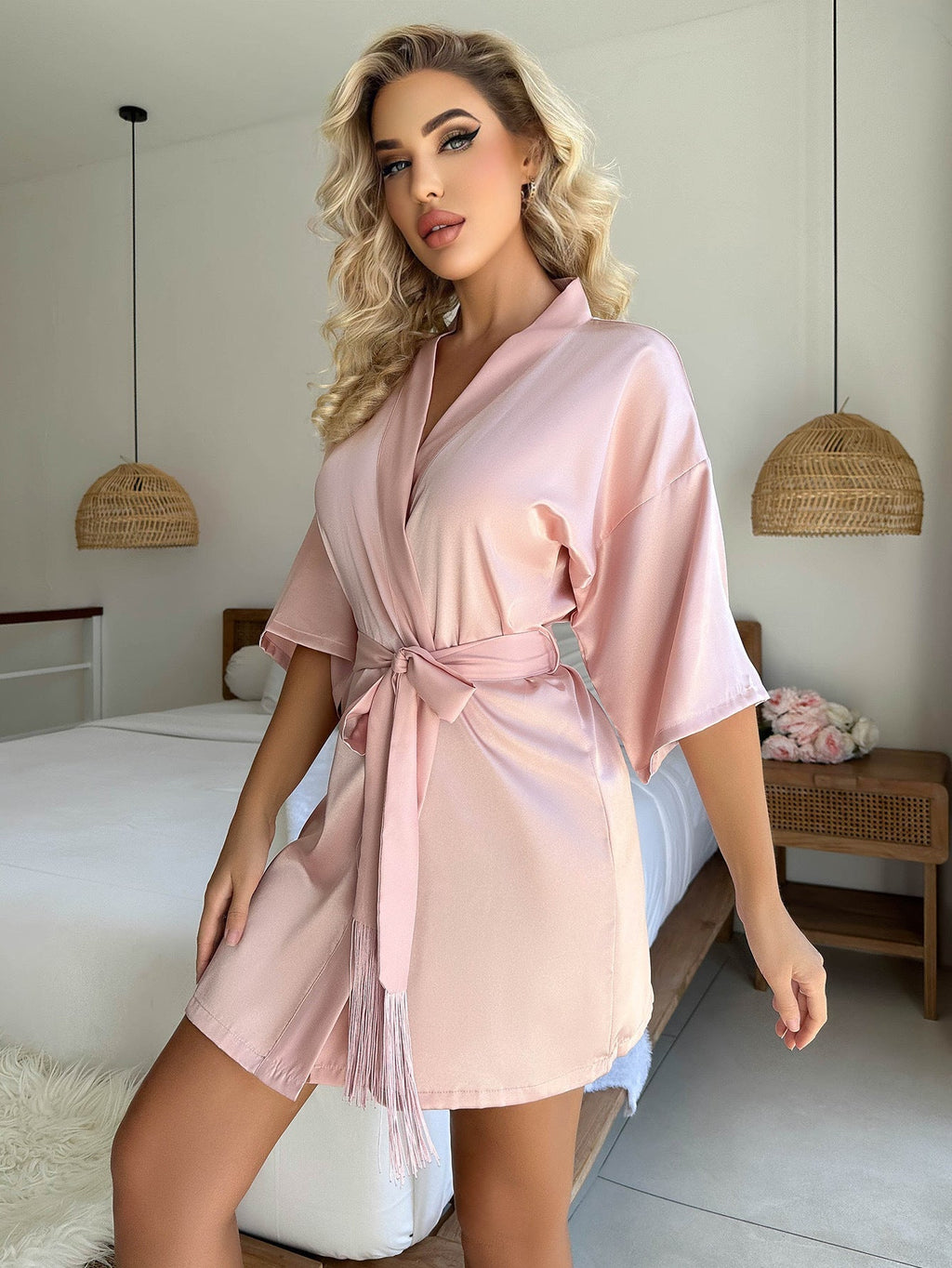 Valenzora Kurze Strickjacke mit Kordelzug, Quasten, Bademantel, Sexy Pyjamas