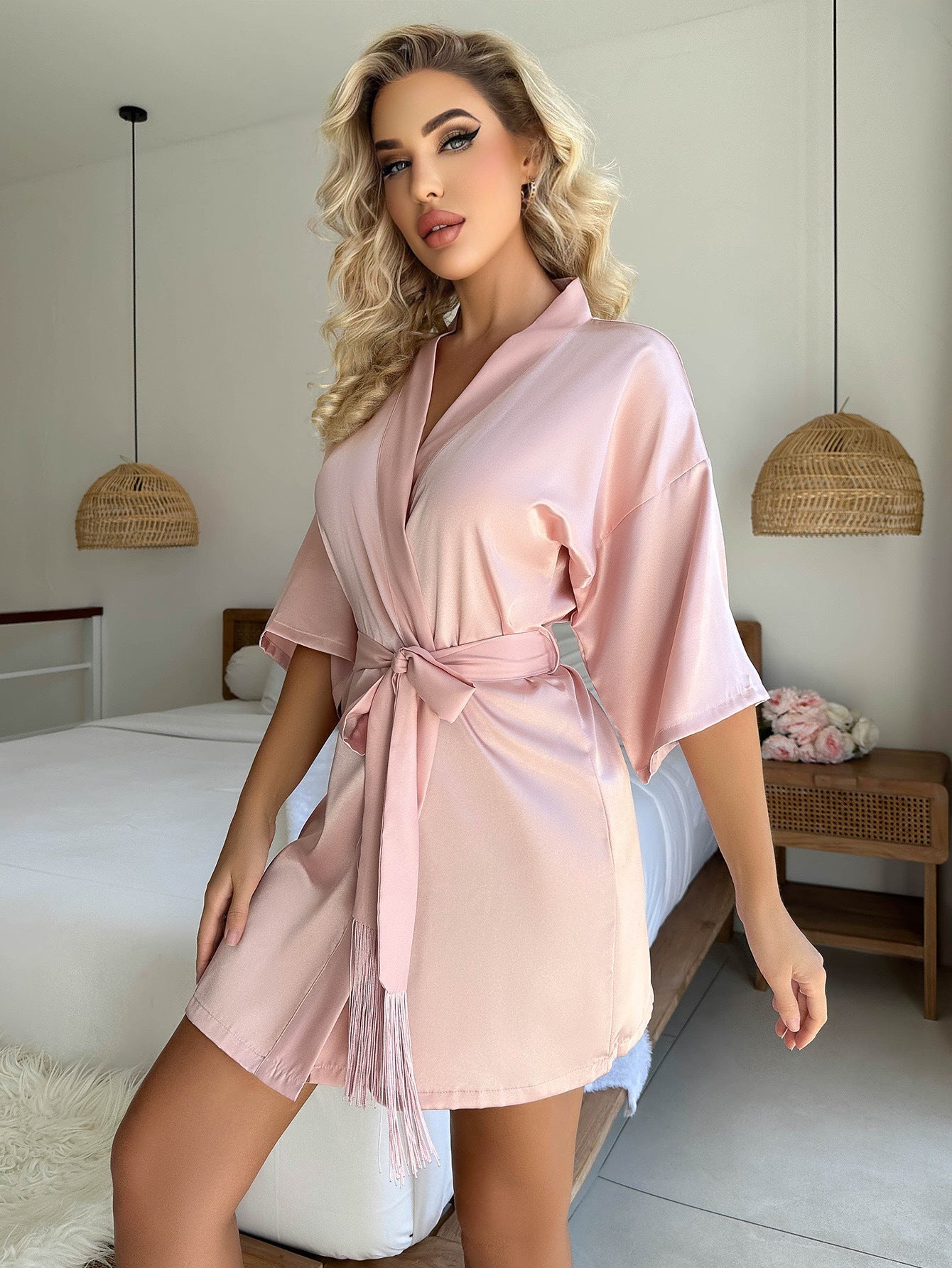 Valenzora Kurze Strickjacke mit Kordelzug, Quasten, Bademantel, Sexy Pyjamas