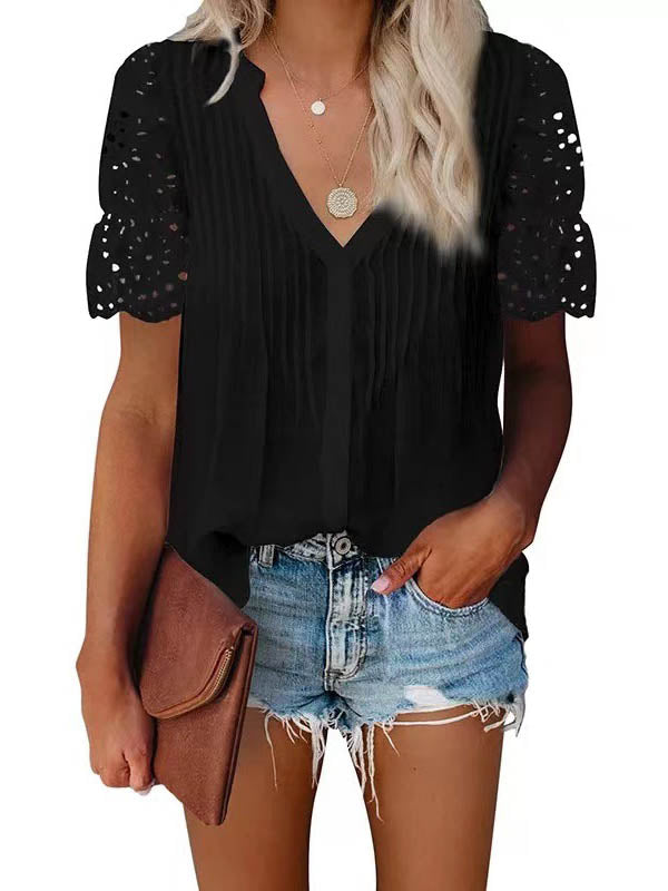 Valenzora | Casual V-neck short lace sleeve top