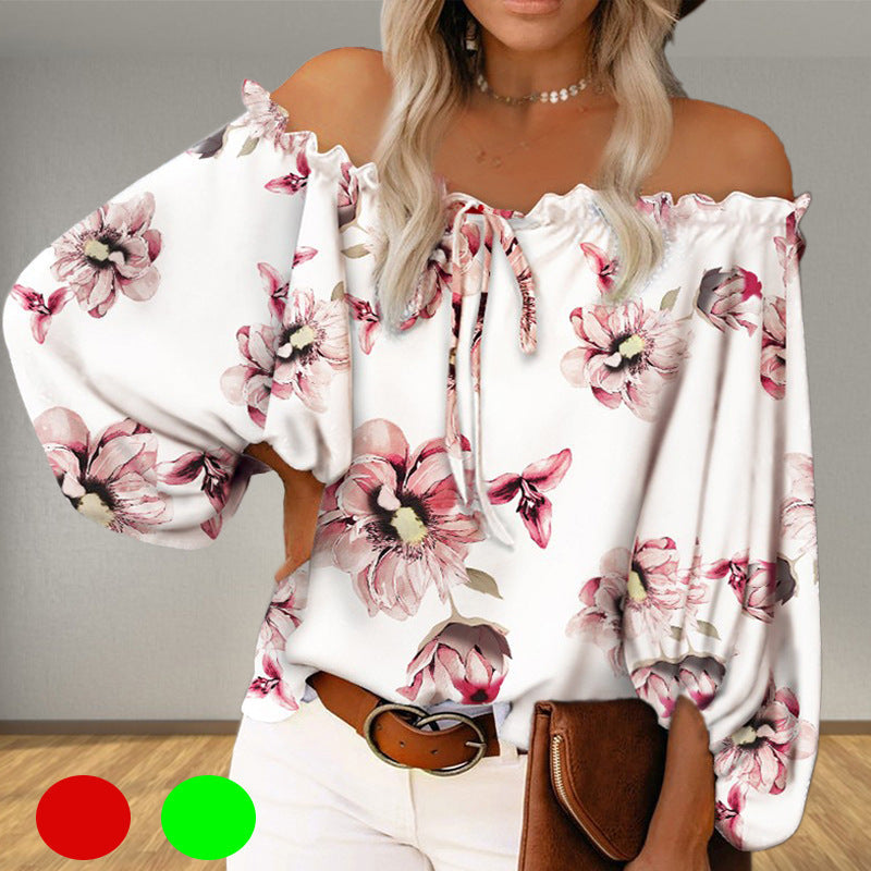 Women's off-the-shoulder blouse with floral pattern, size