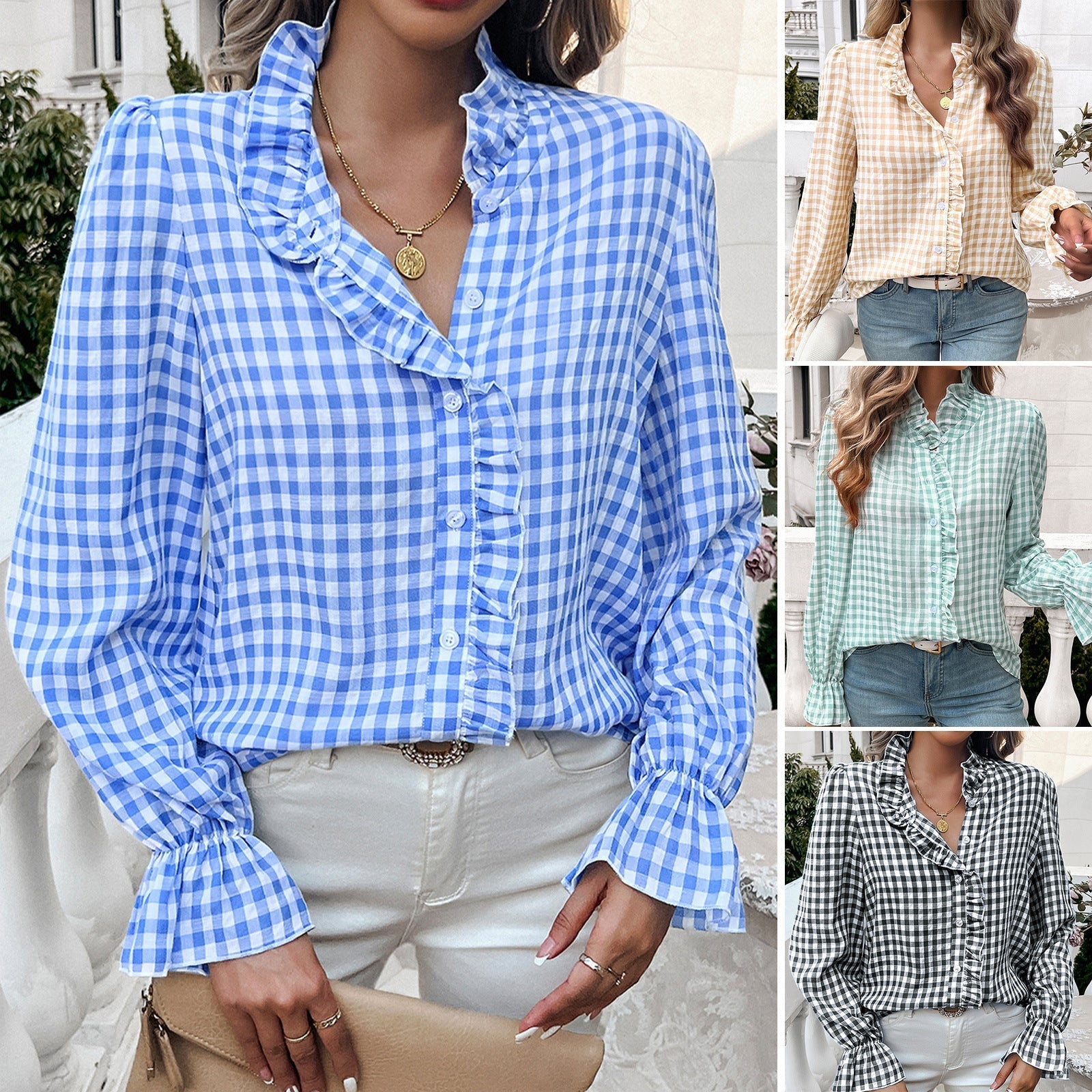 Women's checked blouse with ruffle details and button placket, size