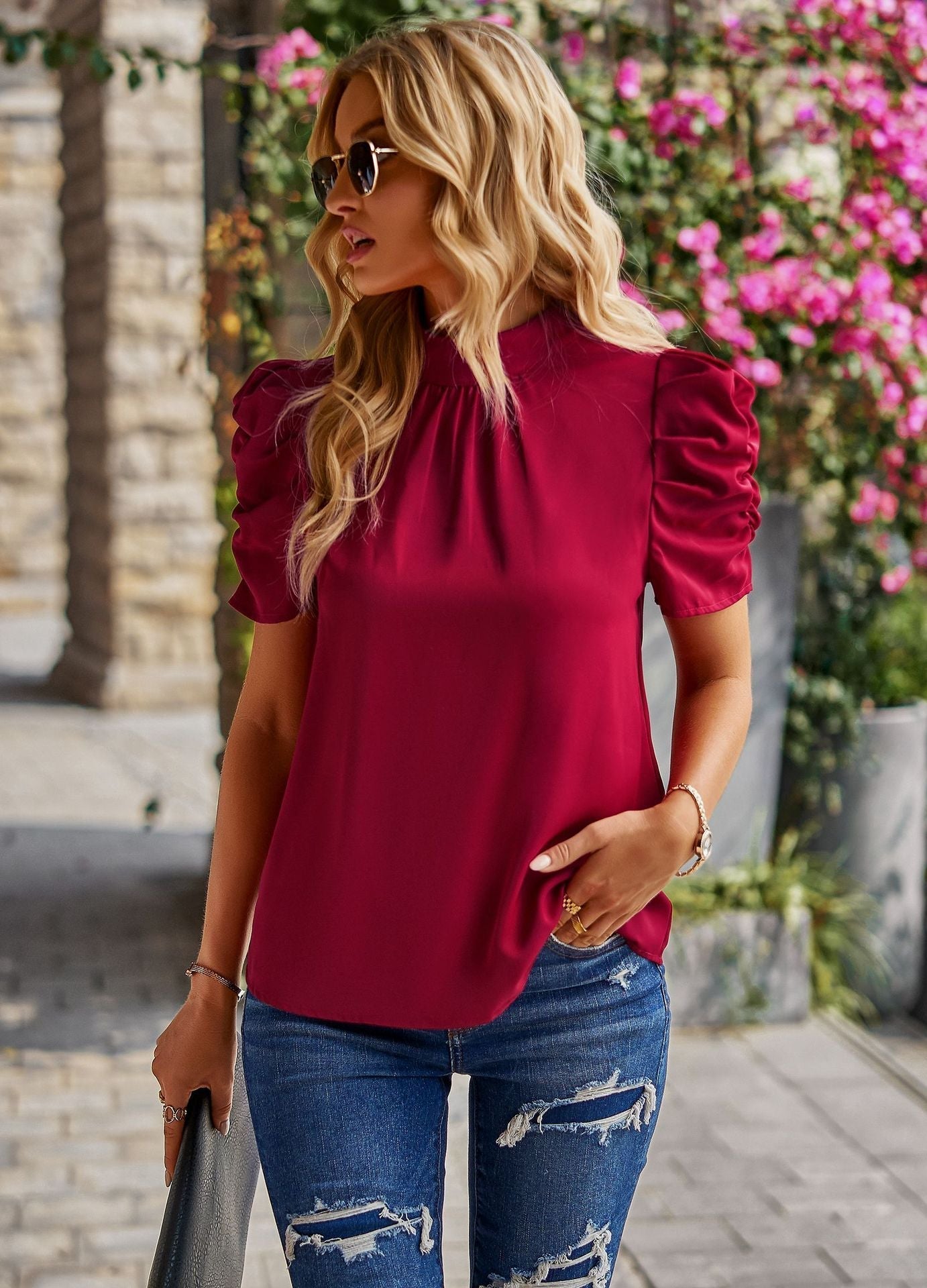Women's elegant top with gathered puff sleeves, size
