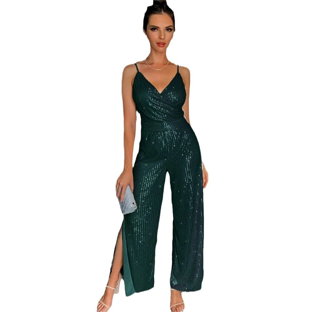 Women's glamorous jumpsuit with sparkling sequin trim and elegant slit, size [size]