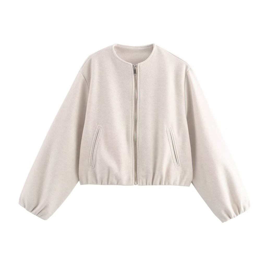 Women's casual short jacket with voluminous sleeves and metallic zipper, size S