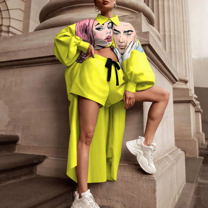 Damen-Oversize-Hemd mit Grafikprint und Shorts-Kombination, Größe S