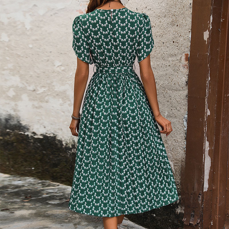 Women's midi dress with elegant ruffle details and tie-waist belt, size