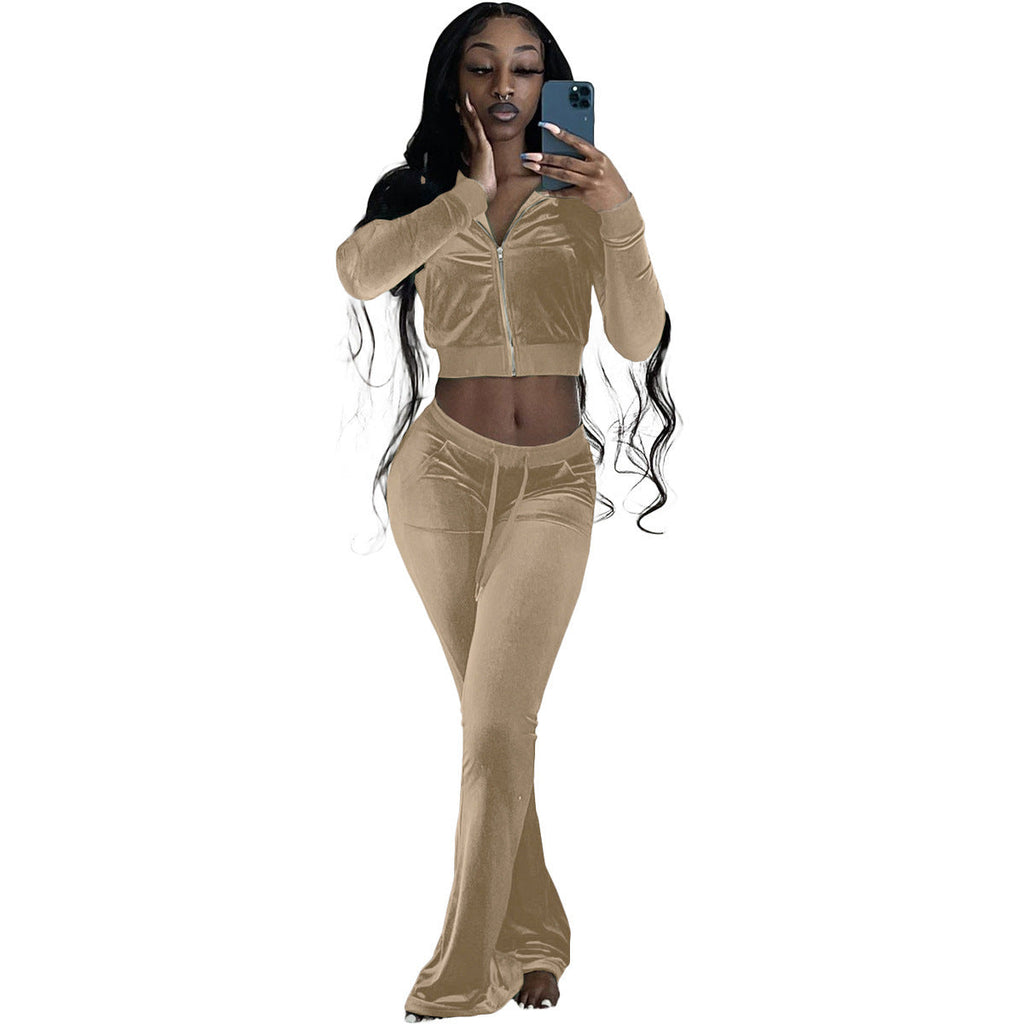 Women's velour tracksuit with zip front and wide-leg trousers, size