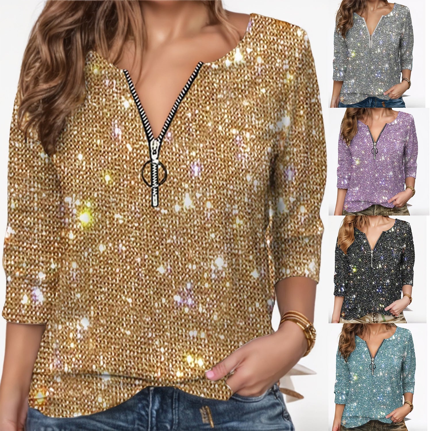 Women's Glittering Zip Blouse with 3/4 Sleeves Size
