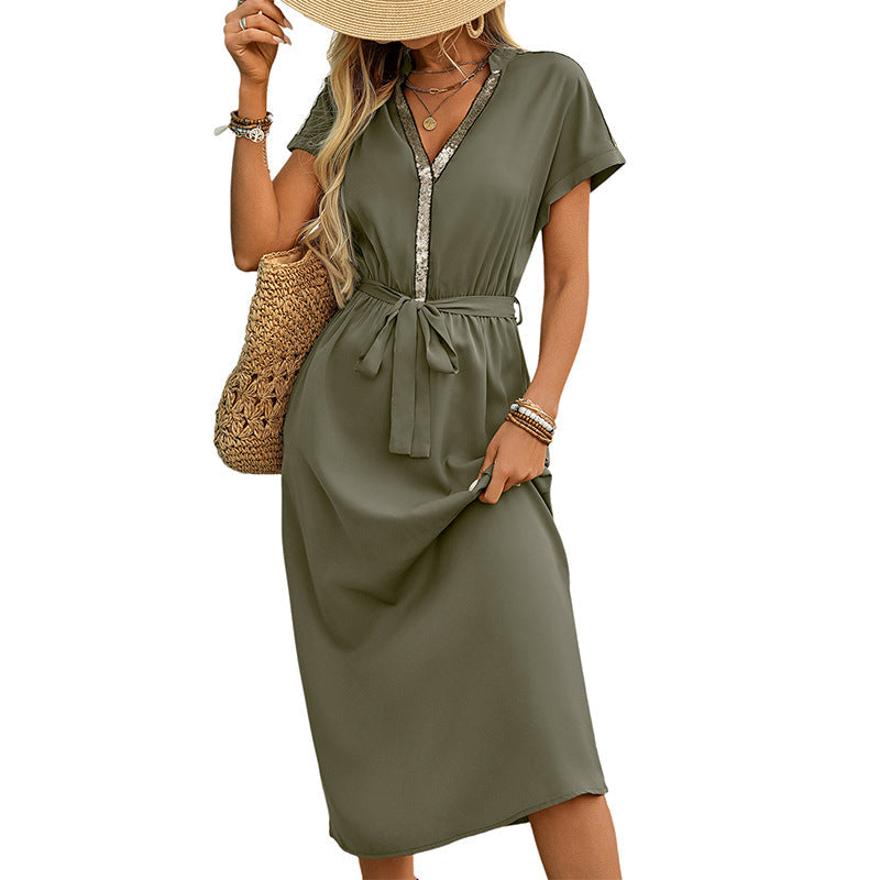 Elegantes Damen Midikleid mit Taillengürtel und V-Ausschnitt, Größe