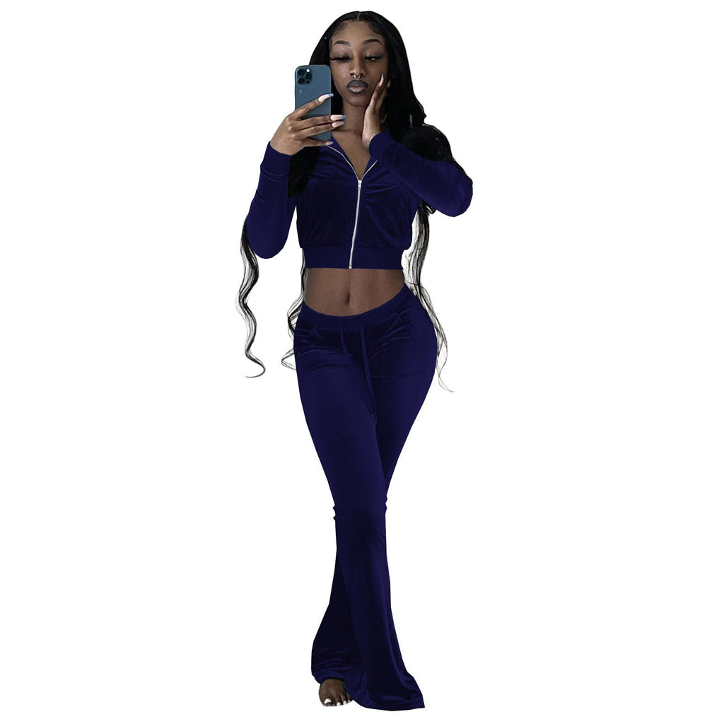 Women's velour tracksuit with zip front and wide-leg trousers, size