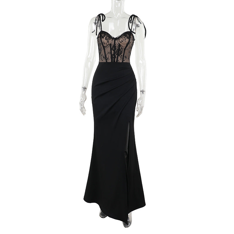 Women's evening dress with lace top and elegant slit, size