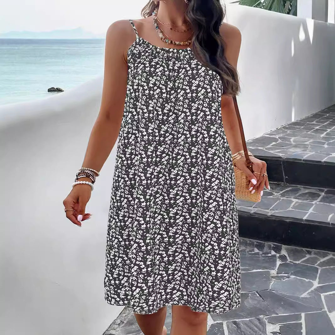 Women's Sleeveless Summer Dress with Elastic Waist and Floral Print Drune