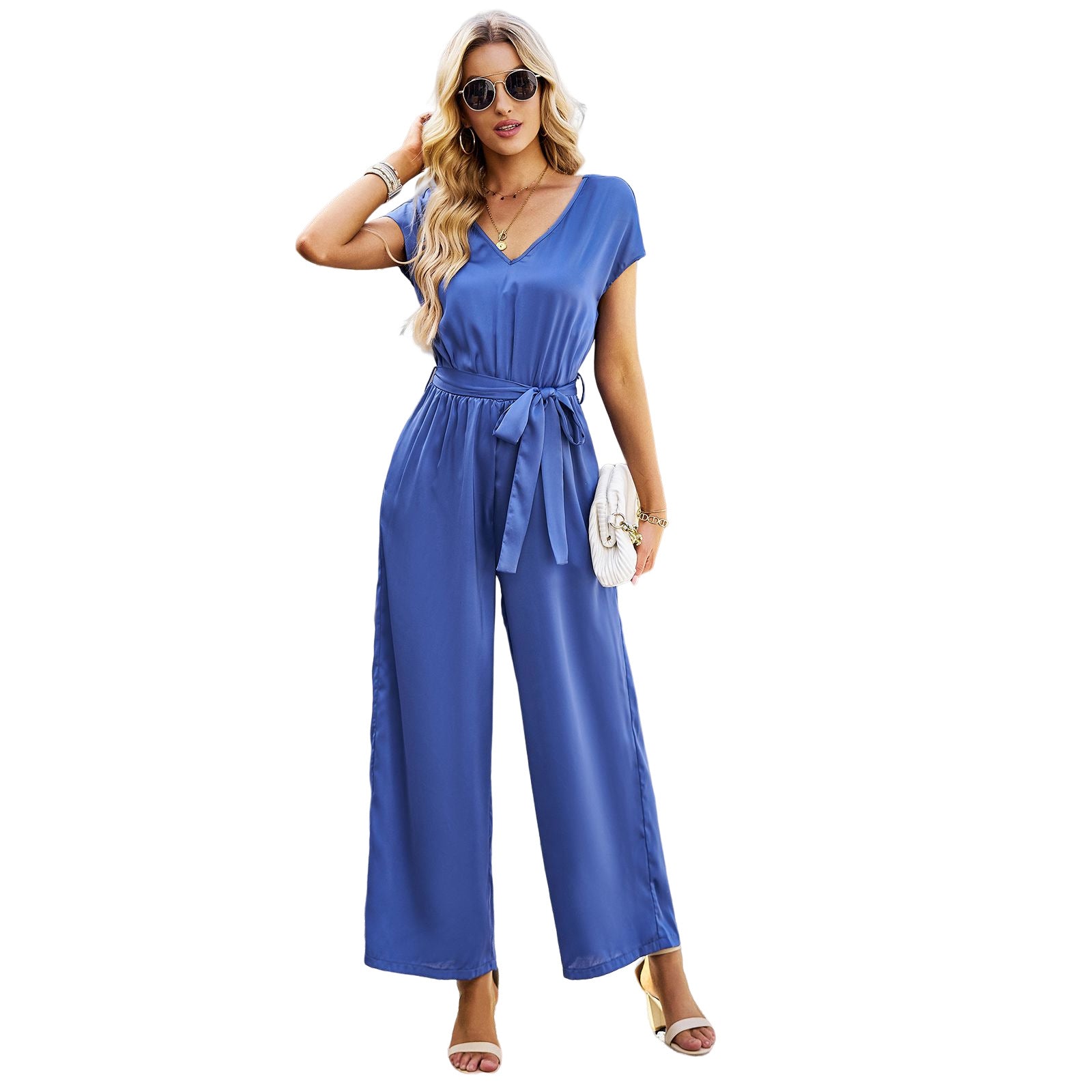 Women's elegant jumpsuit with V-neck and tie belt, size