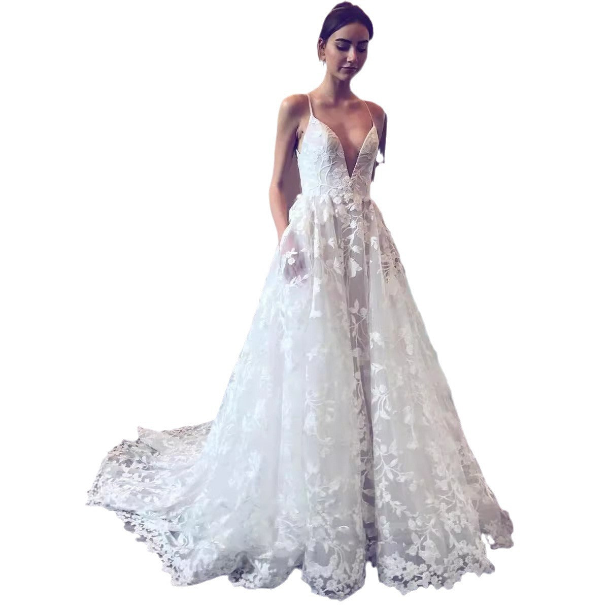 Women's wedding dress with deep V-neck and delicate lace, size