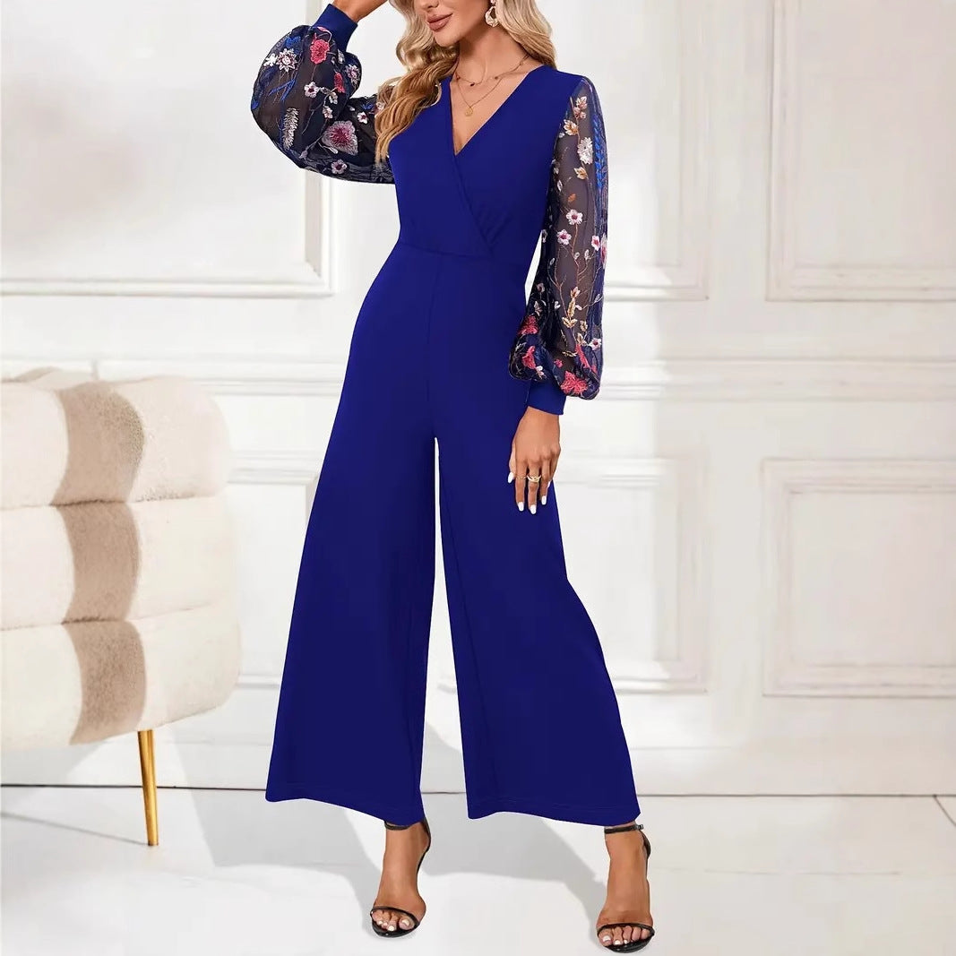 Eleganter Damen-Jumpsuit mit floralen Spitzenärmeln und weitem Bein, Größe S