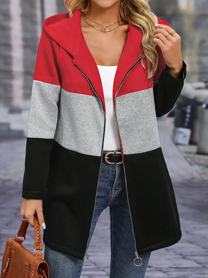 Women's hooded jacket in a modern color block design, size