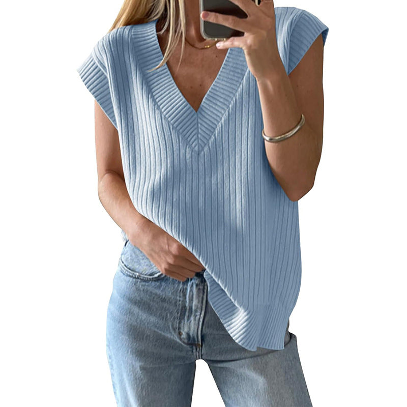 Women's casual V-neck ribbed knit top, size
