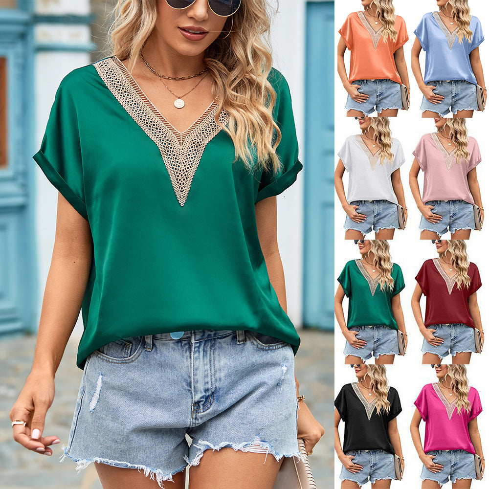 Women's blouse with deep V-neck and crochet accents, size