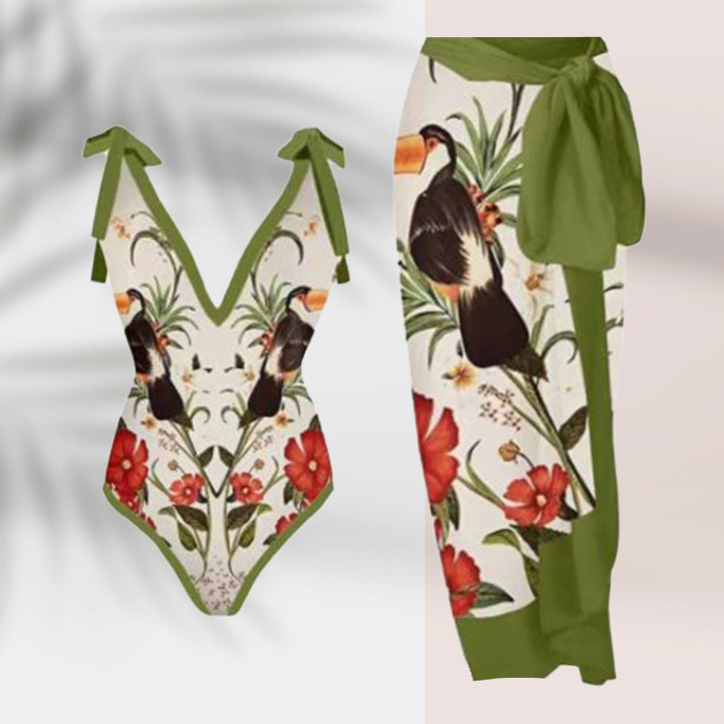 Women's pareo with botanical pattern and stylish tie belt, size