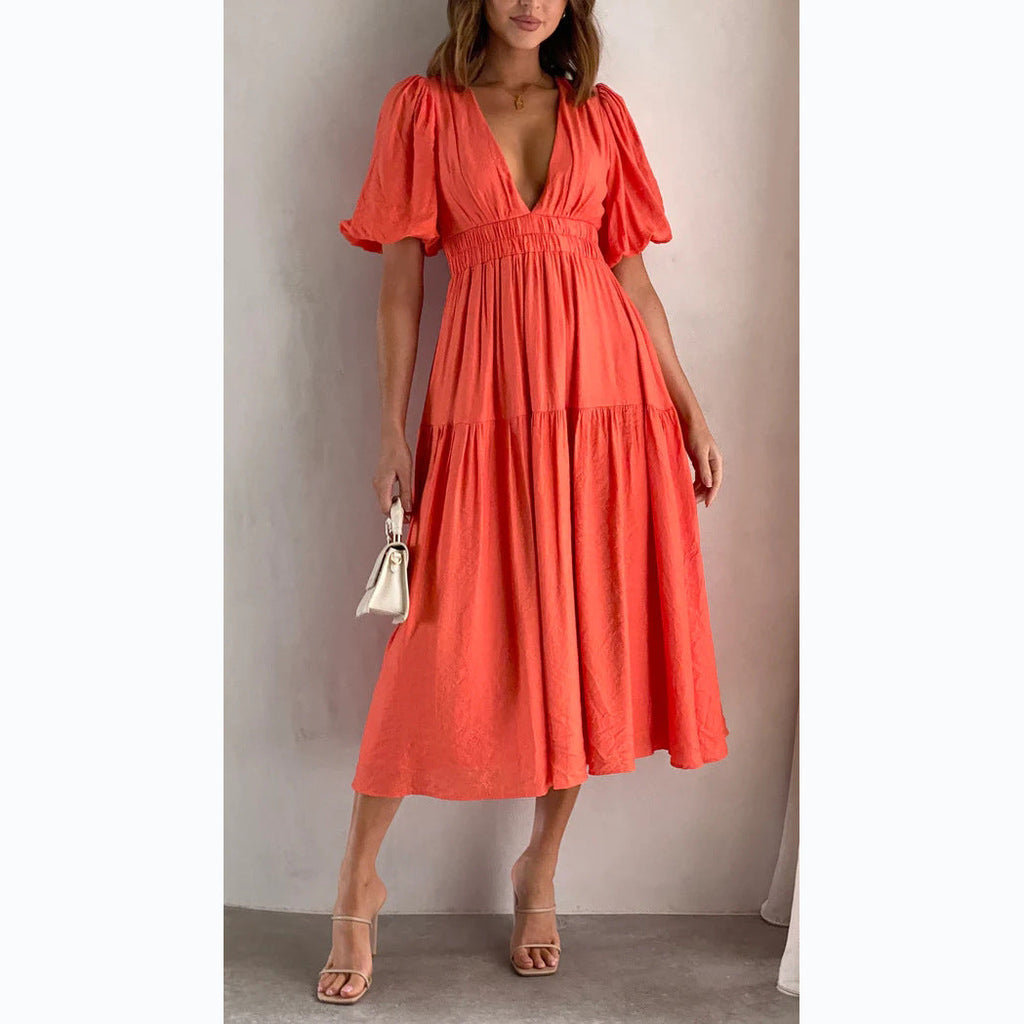 Valenzora | Lässige Trends Sommer V-Ausschnitt Figurbetontes Taillenkleid Midilänge
