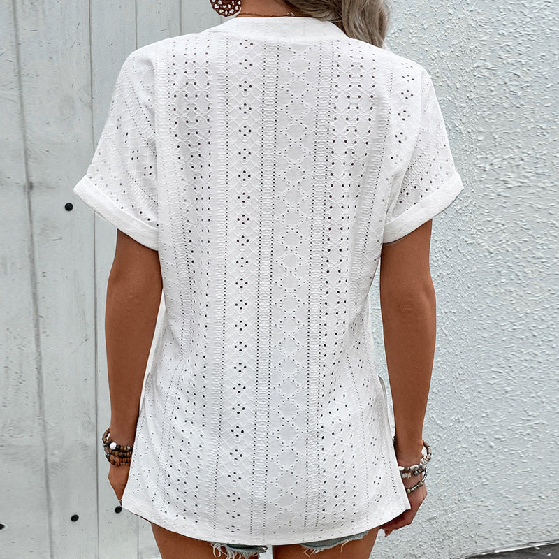 Women's top with elegant eyelet embroidery and modern V-neck, size