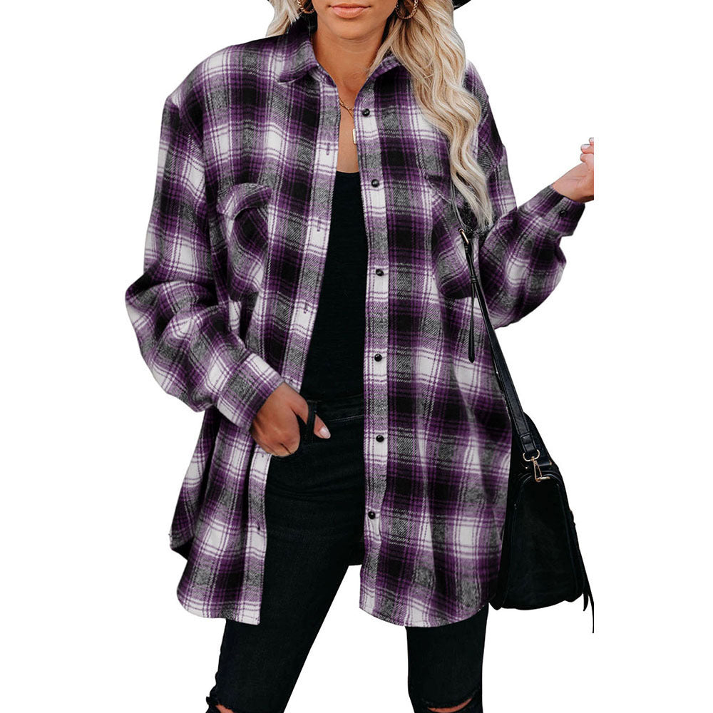 Damen Flanell-Hemdjacke mit Karomuster und praktischen Taschen, Größe S