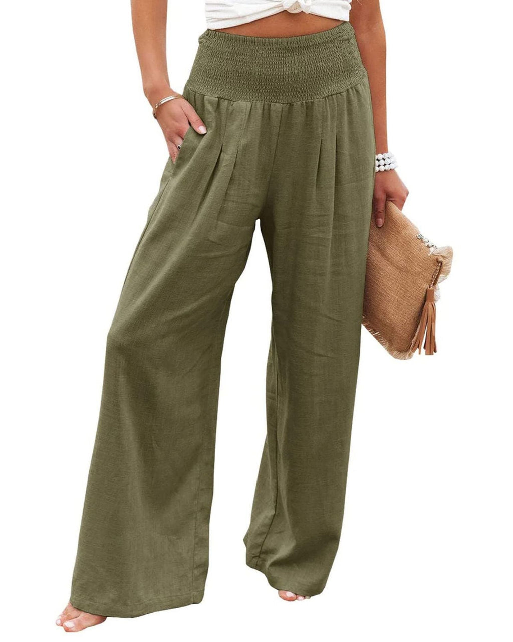 Women's wide-legged linen trousers with elasticated waistband and pleats, size