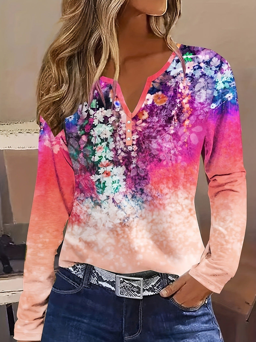 Valenzora | Floral round neck long-sleeved shirt
