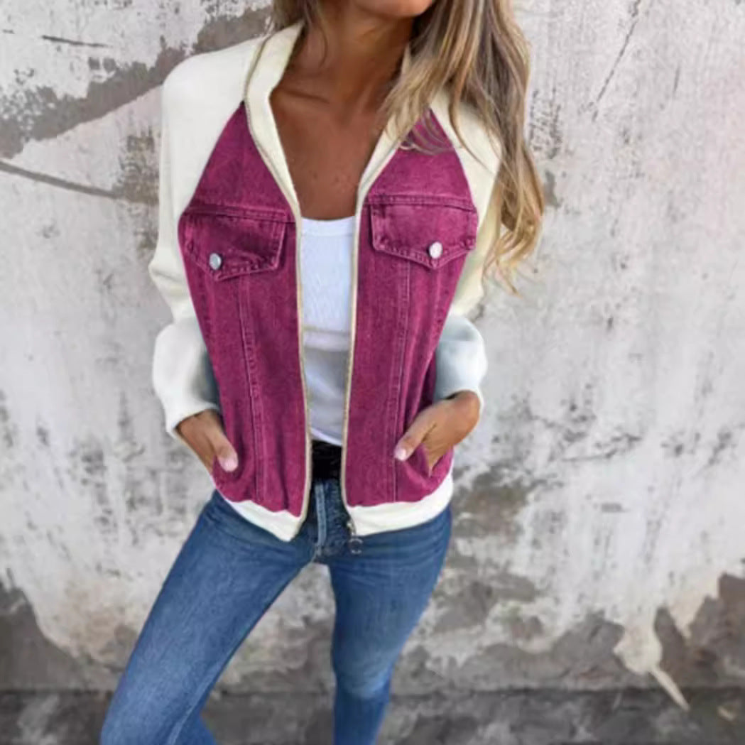 Women's denim jacket with contrasting sleeves and practical pockets, size S