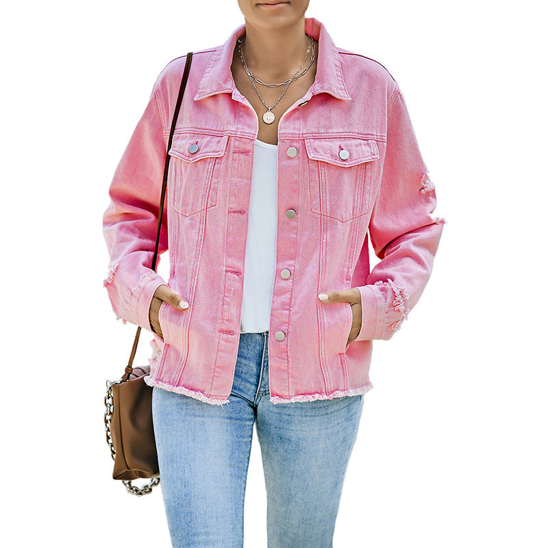 Women's denim jacket with a relaxed fit and functional pockets, size