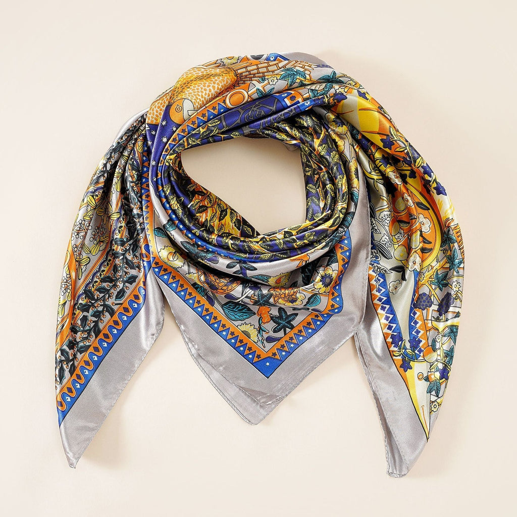 Women's luxurious silk scarf with an artistic floral design and shimmering sheen, size Valenzora