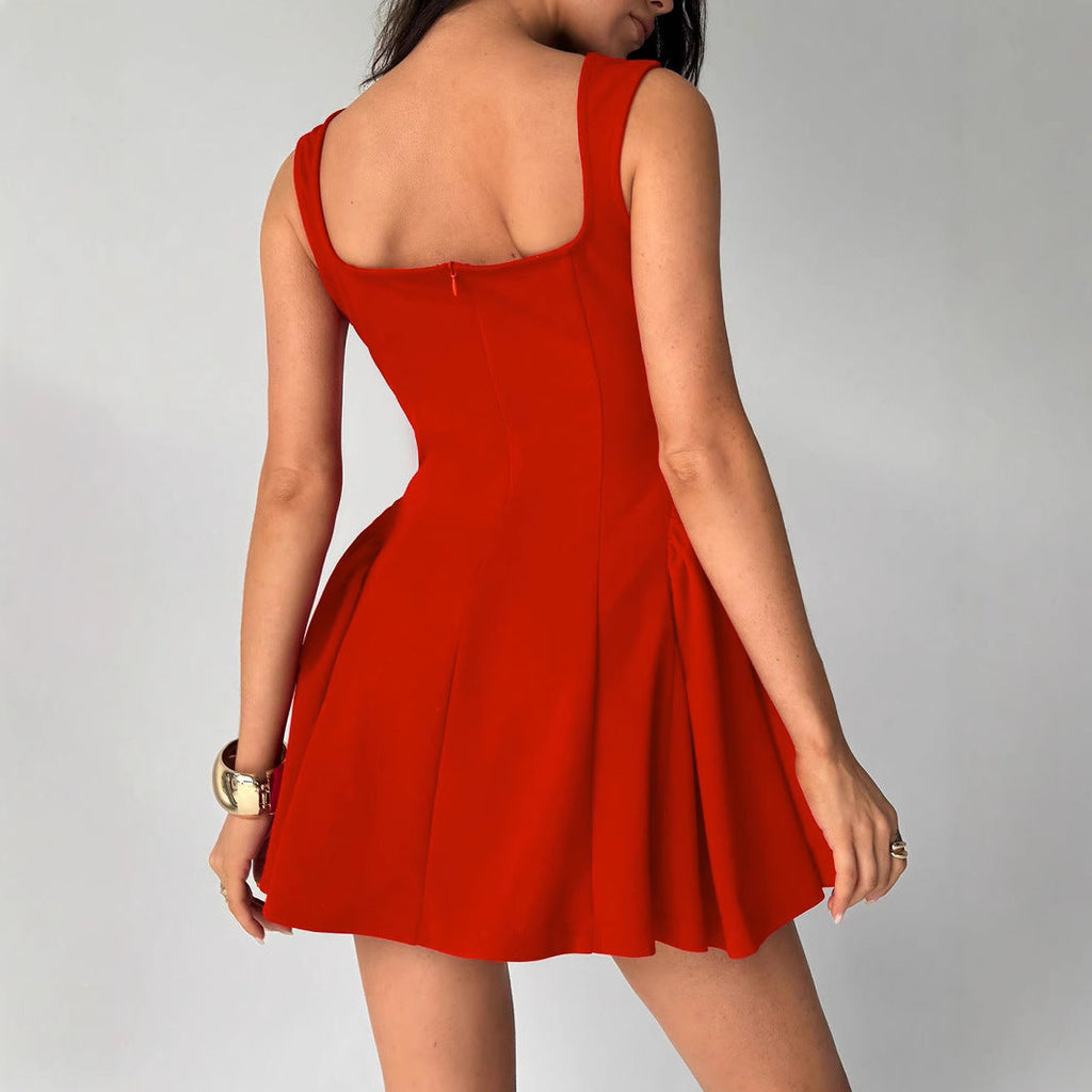 Damen A-Linien-Kleid mit eckigem Ausschnitt und Tellerrock, Größe