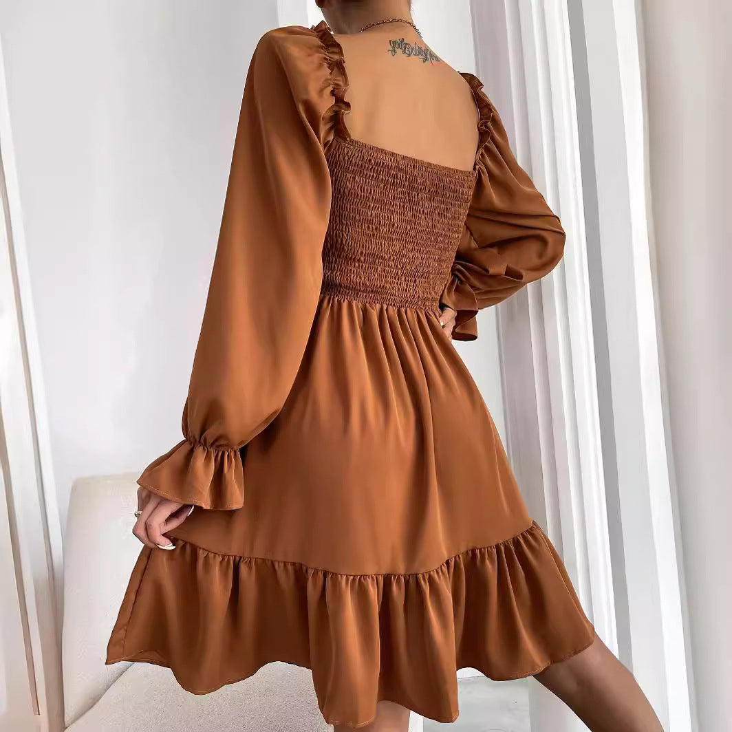 Women's fitted mini dress with voluminous ruffled sleeves and square neck, size S
