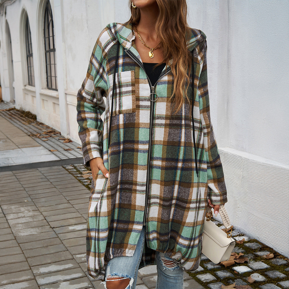 Damen karierte lange Jacke mit Kapuze und Taschen, Größe