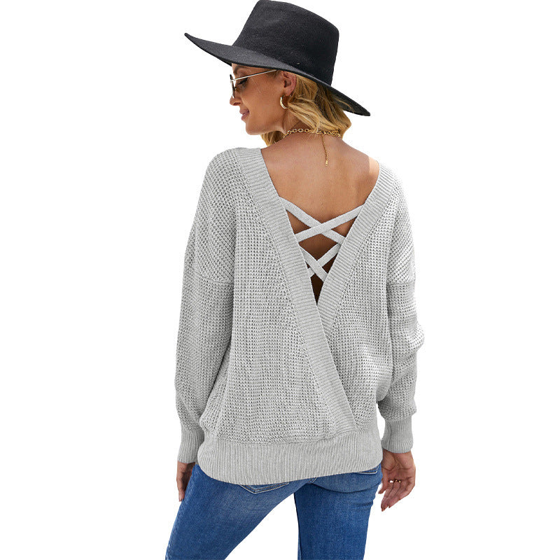 Women's casual knit sweater with open back design, size